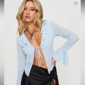 Princess Polly Tie Blouse sky blue sheer ruffled tie front blouse
